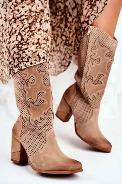 Boto Botki Na Słupku|Brązowe I Beżowe Botki*Damskie Botki Na Słupku Beżowe Skórzane Wysokie Rosemary