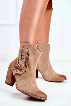 Clearance Boto Damskie Botki Na Słupku Beżowe Skórzane Quintana