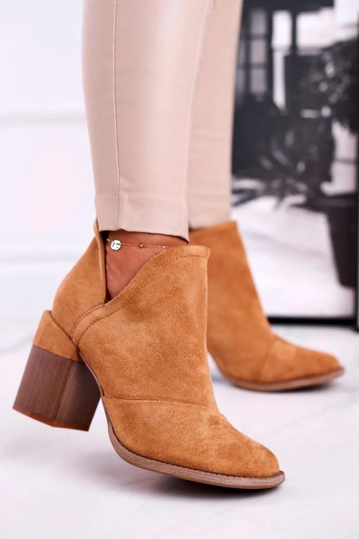 Boto Botki Na Słupku|Brązowe I Beżowe Botki*Damskie Botki Na Słupku Camel Wycięte Meliori