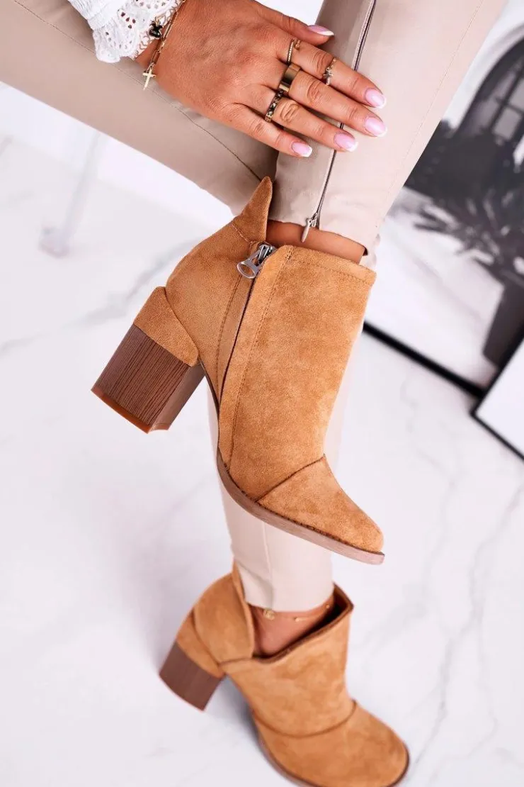 Boto Botki Na Słupku|Brązowe I Beżowe Botki*Damskie Botki Na Słupku Camel Wycięte Meliori