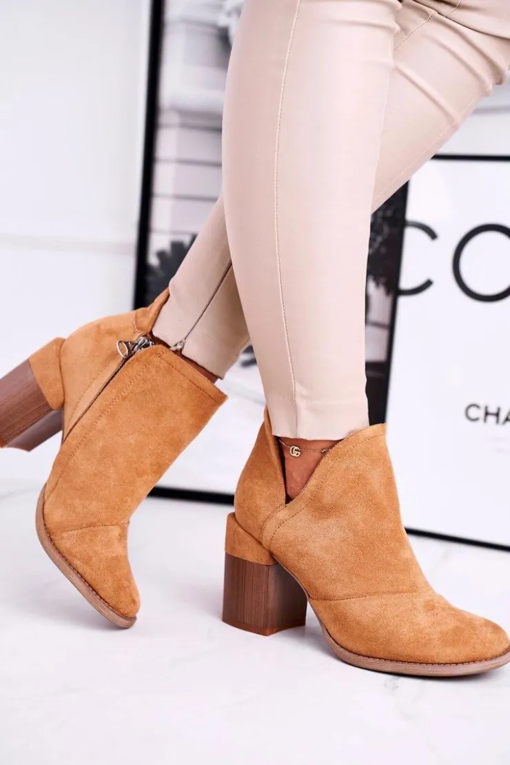 Boto Botki Na Słupku|Brązowe I Beżowe Botki*Damskie Botki Na Słupku Camel Wycięte Meliori