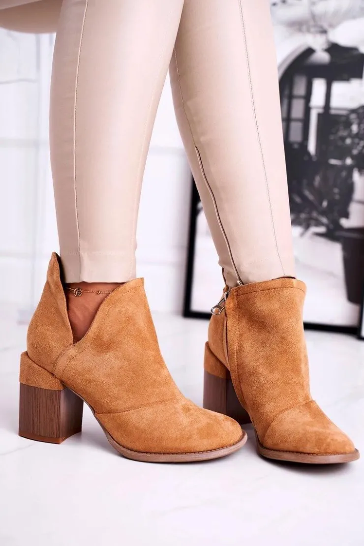 Boto Botki Na Słupku|Brązowe I Beżowe Botki*Damskie Botki Na Słupku Camel Wycięte Meliori