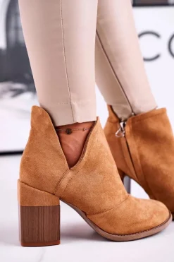 Boto Botki Na Słupku|Brązowe I Beżowe Botki*Damskie Botki Na Słupku Camel Wycięte Meliori