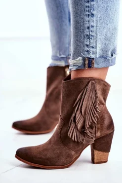 Best Boto Damskie Botki Na Słupku Cappuccino Skórzane Quintana