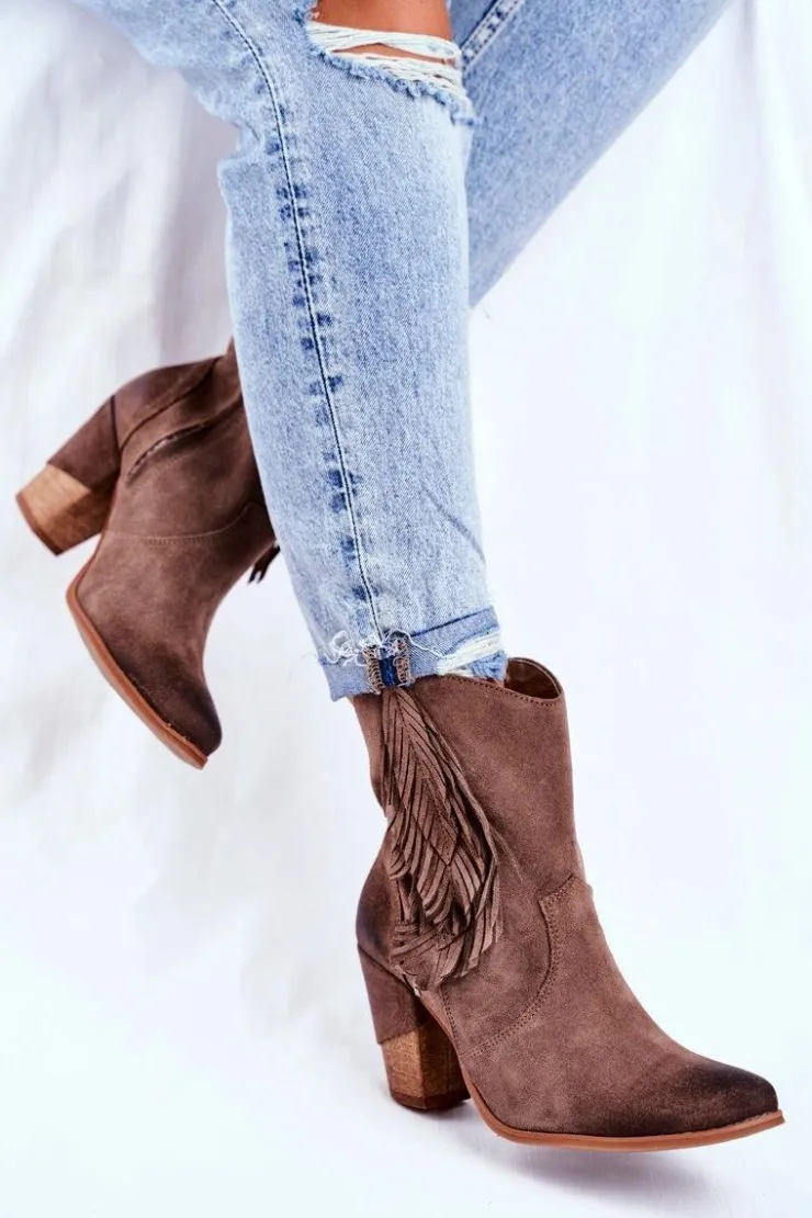 Best Boto Damskie Botki Na Słupku Cappuccino Skórzane Quintana