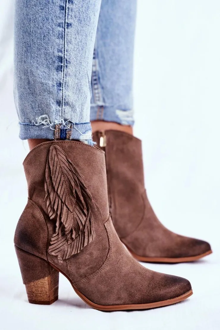 Best Boto Damskie Botki Na Słupku Cappuccino Skórzane Quintana