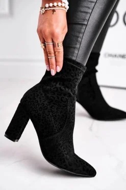 Damskie buty S.Barski Botki Na Słupku|Czarne Botki*Damskie Botki Na Słupku Cętki Czarne Panther