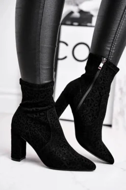 Damskie buty S.Barski Botki Na Słupku|Czarne Botki*Damskie Botki Na Słupku Cętki Czarne Panther