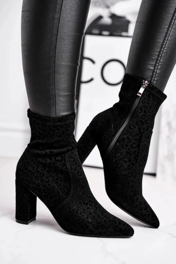 Damskie buty S.Barski Botki Na Słupku|Czarne Botki*Damskie Botki Na Słupku Cętki Czarne Panther