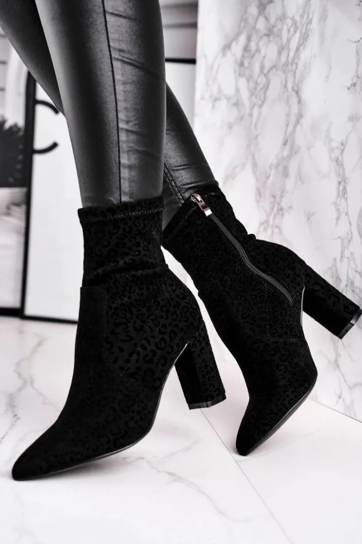 Damskie buty S.Barski Botki Na Słupku|Czarne Botki*Damskie Botki Na Słupku Cętki Czarne Panther