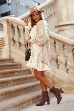 Damskie buty S.Barski Damskie Botki Na Słupku Cętki Camel Panther