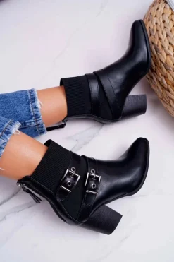 Damskie Boto Damskie Botki Na Słupku Klamry W Szpic Czarne Fello