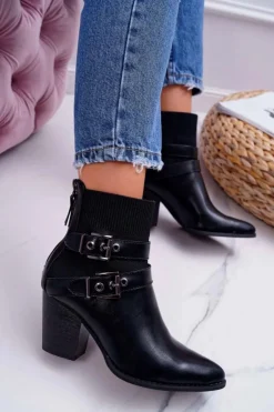 Damskie Boto Damskie Botki Na Słupku Klamry W Szpic Czarne Fello