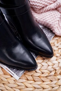 Damskie Boto Damskie Botki Na Słupku Klamry W Szpic Czarne Fello