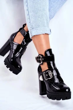 Boto Botki Na Słupku|Botki Na Obcasie*Damskie Botki Na Słupku Lakierowane Czarne Rock Time!