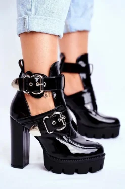 Boto Botki Na Słupku|Botki Na Obcasie*Damskie Botki Na Słupku Lakierowane Czarne Rock Time!