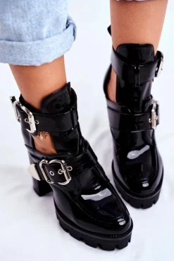 Boto Botki Na Słupku|Botki Na Obcasie*Damskie Botki Na Słupku Lakierowane Czarne Rock Time!