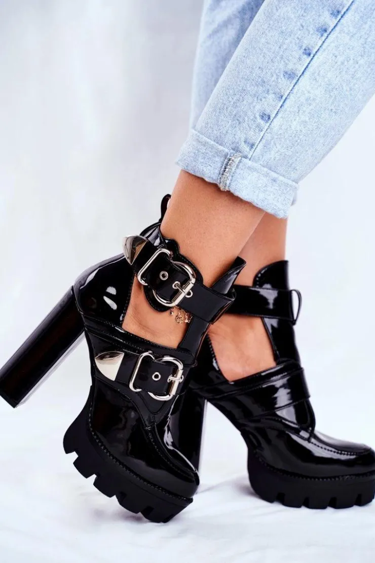 Boto Botki Na Słupku|Botki Na Obcasie*Damskie Botki Na Słupku Lakierowane Czarne Rock Time!