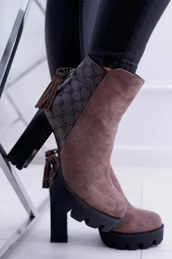 Damskie Boto Damskie Botki Na Słupku Lu Boo Ciepłe Coffe Milky Way