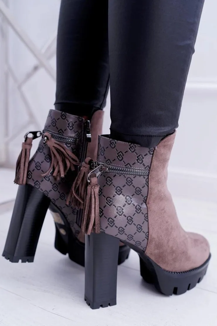 Damskie Boto Damskie Botki Na Słupku Lu Boo Ciepłe Coffe Milky Way