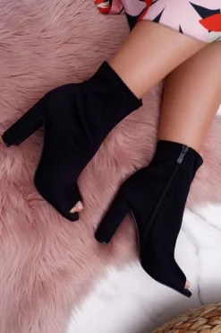 New Boto Damskie Botki Na Słupku Lycra Odkryte Palce Czarne First