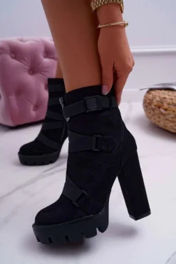 Damskie Boto Damskie Botki Na Słupku Ocieplane Czarne Zamszowe Guiness