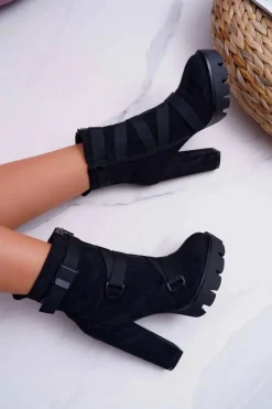 Damskie Boto Damskie Botki Na Słupku Ocieplane Czarne Zamszowe Guiness