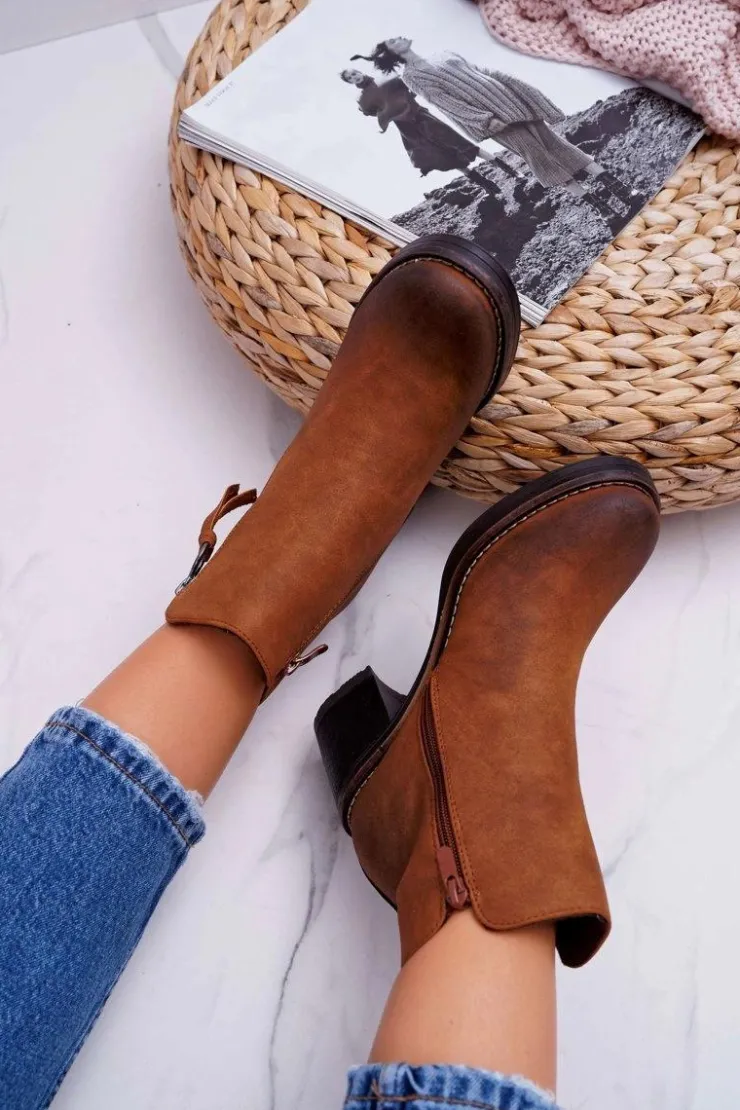 Outlet Boto Damskie Botki Na Słupku Ocieplane Filcem Camel Delia