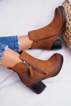 Outlet Boto Damskie Botki Na Słupku Ocieplane Filcem Camel Delia