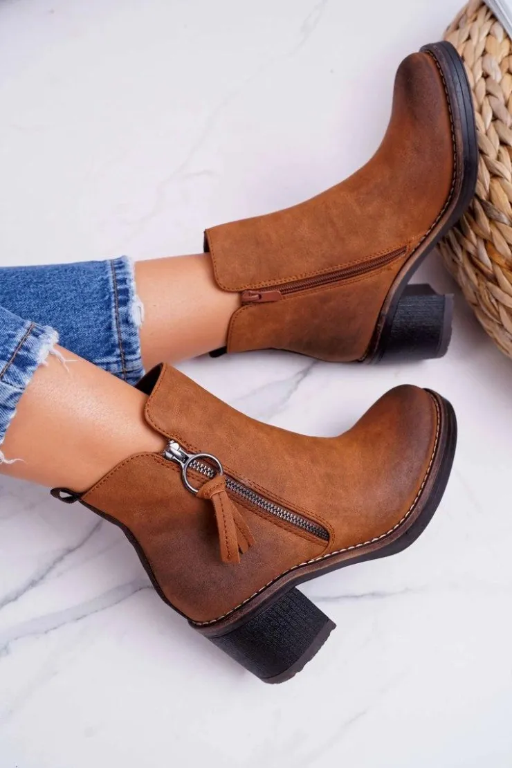 Outlet Boto Damskie Botki Na Słupku Ocieplane Filcem Camel Delia