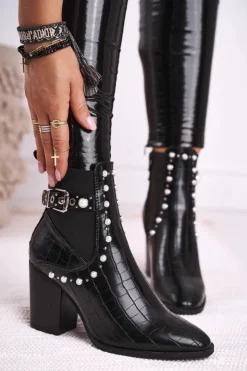 Damskie Boto Damskie Botki Na Słupku Perły Czarne Verbos