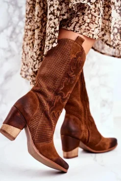 Damskie Boto Damskie Botki Na Słupku Skórzane Wysokie Koniak Rosemary