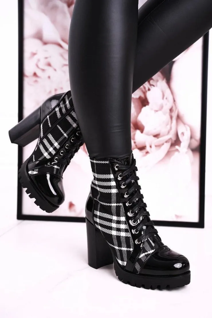 Boto Botki Sznurowane|Botki Na Słupku*Damskie Botki Na Słupku W Kratę Czarne Blair