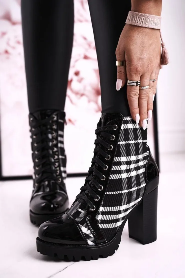 Boto Botki Sznurowane|Botki Na Słupku*Damskie Botki Na Słupku W Kratę Czarne Blair