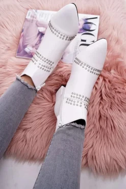 Boto Botki Na Słupku|Botki Zimowe Damskie*Damskie Botki Na Słupku W Szpic Z Nitami Białe Primma