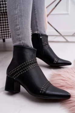 Damskie Boto Damskie Botki Na Słupku W Szpic Z Nitami Czarne Primma