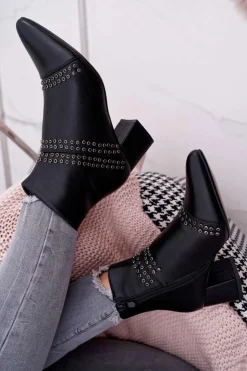 Damskie Boto Damskie Botki Na Słupku W Szpic Z Nitami Czarne Primma