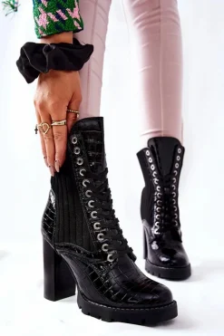 Damskie Boto Damskie Botki Na Słupku Wysokie Wzór Krokodyla Czarne Erdogan