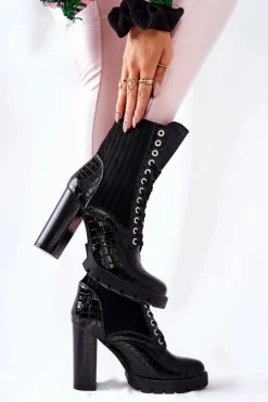 Damskie Boto Damskie Botki Na Słupku Wysokie Wzór Krokodyla Czarne Erdogan