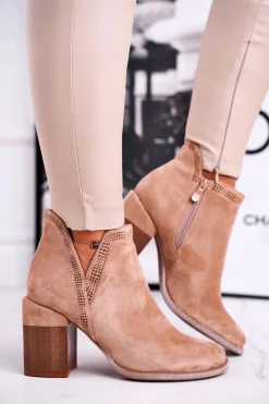 Boto Brązowe I Beżowe Botki|Botki Na Obcasie*Damskie Botki Na Słupku Wycięte Khaki Meliori Dream