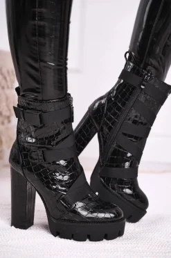 Boto Botki Na Słupku|Czarne Botki*Damskie Botki na Słupku Wysokie Czarne Hortego