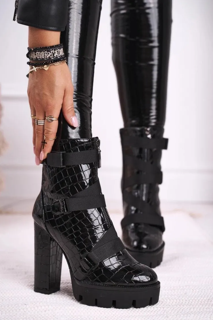 Boto Botki Na Słupku|Czarne Botki*Damskie Botki na Słupku Wysokie Czarne Hortego