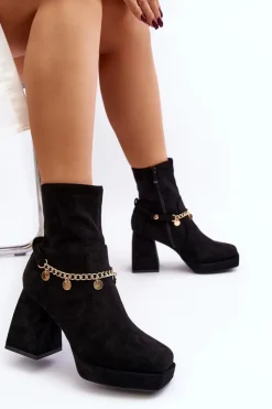 Damskie Boto Damskie Botki Na Słupku Z Łańcuszkiem Czarne Tiselo