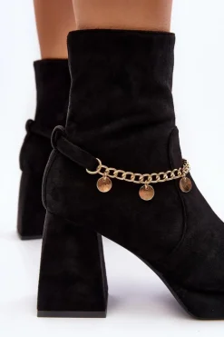 Damskie Boto Damskie Botki Na Słupku Z Łańcuszkiem Czarne Tiselo