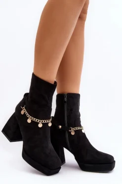Damskie Boto Damskie Botki Na Słupku Z Łańcuszkiem Czarne Tiselo