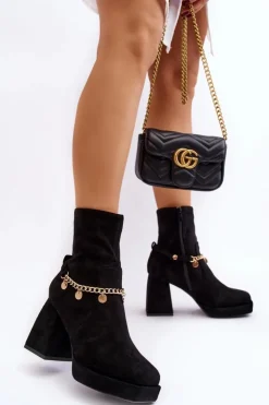 Damskie Boto Damskie Botki Na Słupku Z Łańcuszkiem Czarne Tiselo