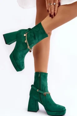 Boto Botki Ocieplane|Botki Na Słupku*Damskie Botki Na Słupku Z Łańcuszkiem Zielone Tiselo