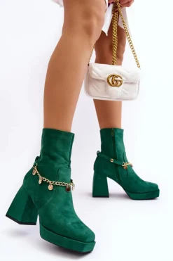 Boto Botki Ocieplane|Botki Na Słupku*Damskie Botki Na Słupku Z Łańcuszkiem Zielone Tiselo