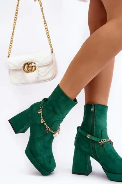 Boto Botki Ocieplane|Botki Na Słupku*Damskie Botki Na Słupku Z Łańcuszkiem Zielone Tiselo