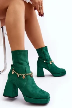 Boto Botki Ocieplane|Botki Na Słupku*Damskie Botki Na Słupku Z Łańcuszkiem Zielone Tiselo
